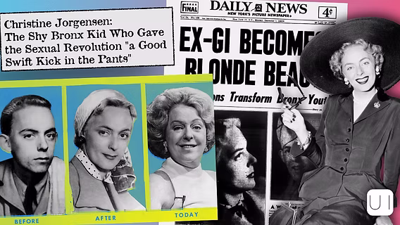 Christine Jorgensen images of newspaper headline EX-GI becomes blonde bombshell