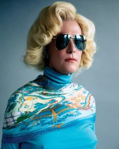 Justin Vivian Bond wihth blonde hair, sunglasses and blue dress, looking like a Hollywood diva 